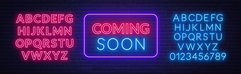 Obraz premium Coming soon neon sign on brick wall background. Template for design. Neon alphabet .Vector illustration.