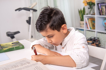 Naklejka premium The schoolboy sits at the table at home and does his homework.