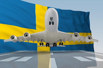 airplane taking off against the background of the flag Sweden