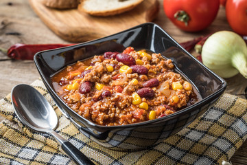 Chili con carne in a bowl.