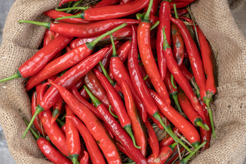 Red chili pepper for sell in traditional street market in Ubud, Bali, Indonesia , closeup