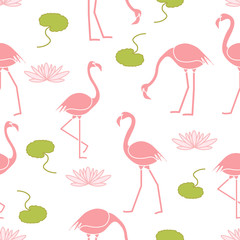 Seamless pattern with flamingo and water lily.