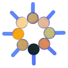 Body building food supplement powders in scoops. Clockwise, chocolate whey, wheatgrass, cacao, chlorella, hemp, turmeric, pea protein and gymnema sylvestre. Top view on white.