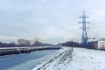 Fototapeta na wymiar winter landscape with river, moscow canal