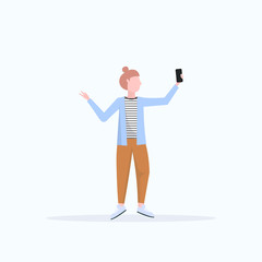 woman taking selfie photo on smartphone camera casual female cartoon character posing white background flat full length