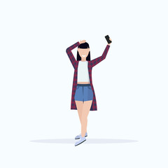 brunette woman taking selfie photo on smartphone camera casual female cartoon character posing white background flat full length