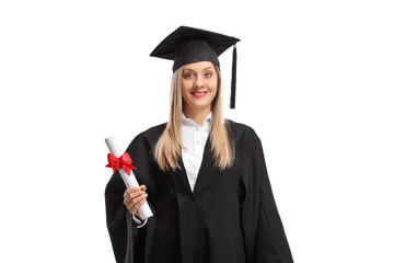 Female graduate student with a diploma wearing a graduation hat