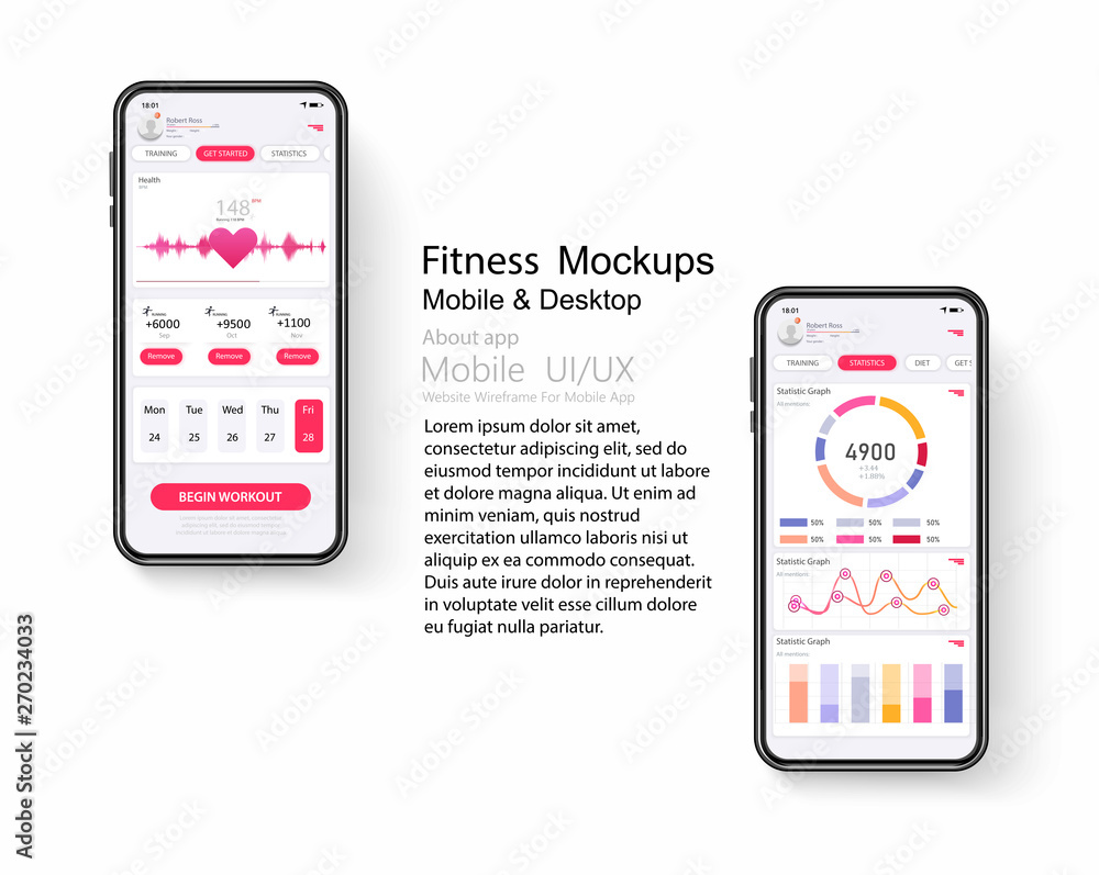 Poster mockup for mobile fitness app with menu reviews, charts, statistics. different ui, ux, gui screens f