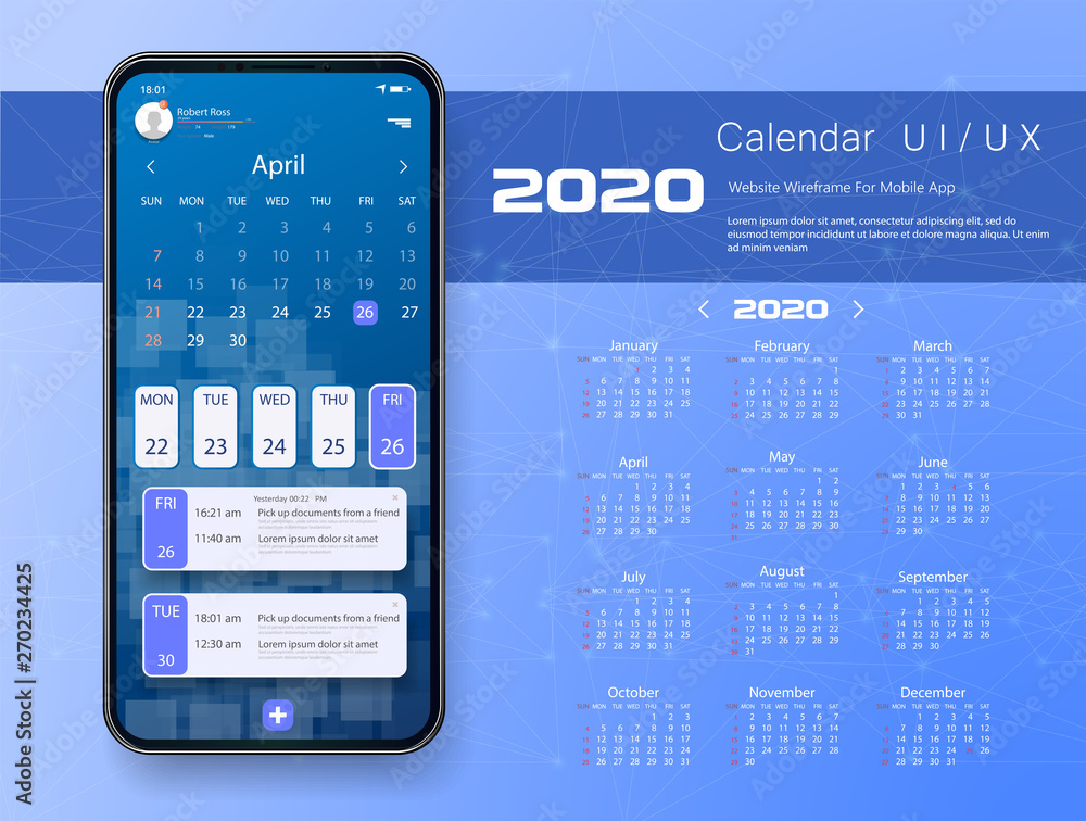Poster calendar application template with to do list and tasks ui ux. design for mobile phone. calendar des