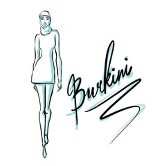 beautiful arab girls in burkini. Hand drawn illustration of young islamic woman, fashion sketch