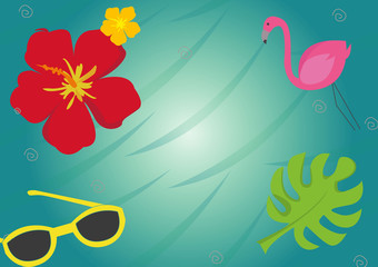 Fototapeta na wymiar Set of cute summer icons: food, drinks, palm leaves, fruits and flamingo. Bright summertime poster. Collection of scrapbooking elements for beach party.