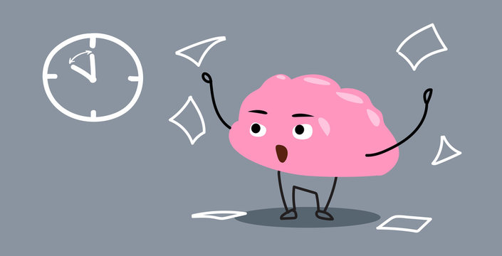 angry human brain organ throwing pader documents deadline stress concept kawaii style pink cartoon character horizontal