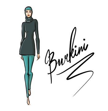 beautiful arab girls in burkini. Hand drawn illustration of young islamic woman, fashion sketch