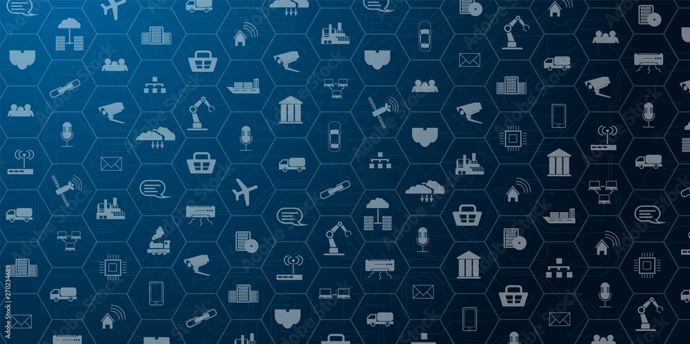 Poster landing page iot. internet of things devices and connectivity concepts on a network. spider web of n