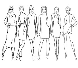 beautiful arab girls in burkini. Hand drawn illustration of young islamic woman, fashion sketch