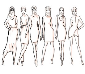 beautiful arab girls in burkini. Hand drawn illustration of young islamic woman, fashion sketch