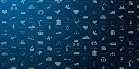 landing page IoT. Internet of things devices and connectivity concepts on a network. Spider web of network connections with on a futuristic blue background. IOT icons