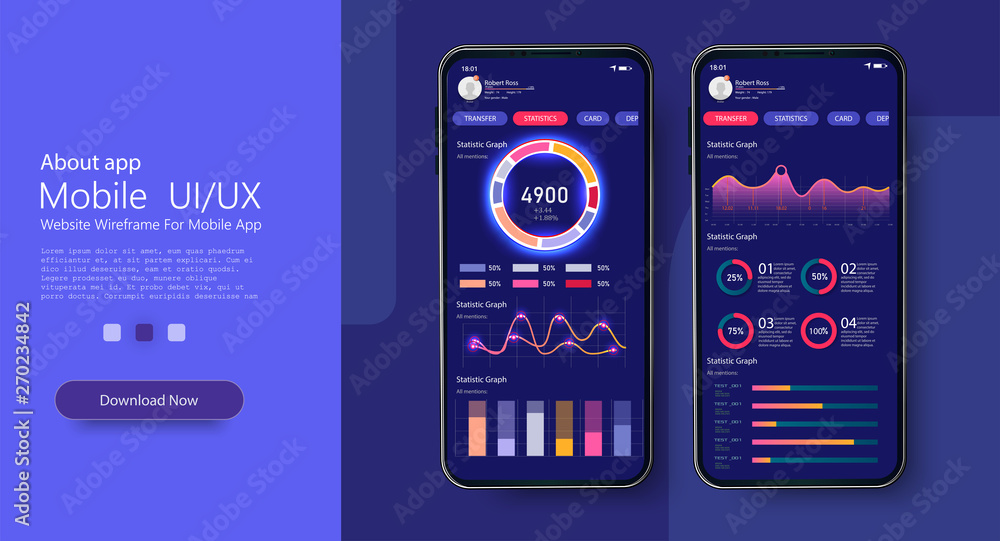 Poster mobile app infographic template with modern design. set of different ui, ux, gui screens and web ico