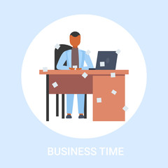businessman sitting at workplace desk with adhesive sticky notes paper reminder business planning management concept office worker using laptop working process flat full length