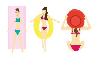 Beautiful young woman tanning, with sunglasses, hat, at the beach, retro style. Pop art. Summer holiday. Vector eps10 illustration