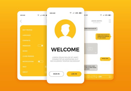 Mobile app user interface screen design. Mobile ui kit with welcome window, registration, home page, concept chat messenger and settings. Vector set of modern UI, UX, GUI screens and web icons