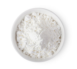Fototapeta na wymiar bowl of flour isolated on white background, top view