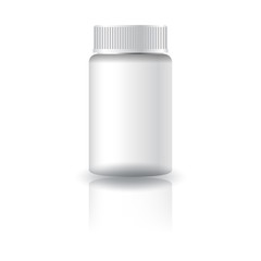 White supplements or medicine cylinder bottle with grooved lid for beauty or healthy product. Isolated on white background with reflection shadow. Ready to use for package design. Vector illustration.