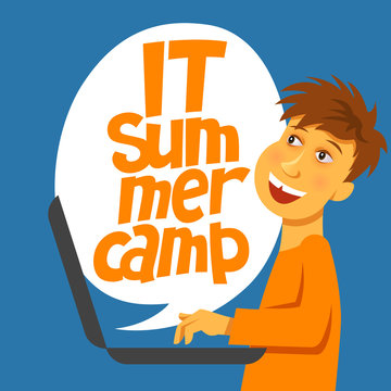 A vector image with a boy and a lettering IT summer camp. A children coding theme isolated text with the programming languages