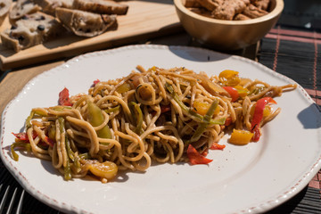 Homemade Noodle with Vegetables in Sunny Day Ready to Eat.