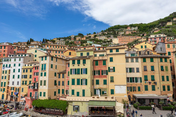Fototapeta na wymiar Camogli, Italy. 04-29-2019. Colored houses at Camogli. Liguria.