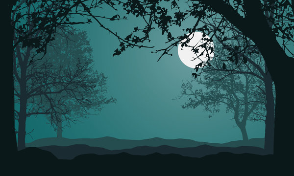 Illustration of landscape with forest, trees and hills, under night green sky with full moon and space for text, vector