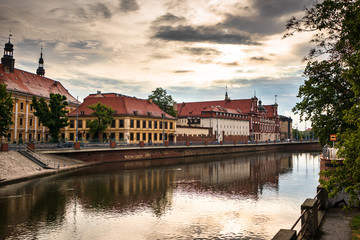 View of historic buildings in old town Wroclaw from Oder (Odra) river