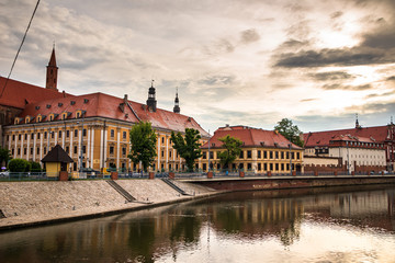 View of historic buildings in old town Wroclaw from Oder (Odra) river