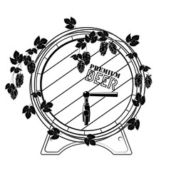Barrel of beer entwined with hops. Vector. Black on white.