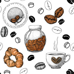 Seamless pattern with the image of coffee beans, coffee, packaging, jars, plates. Sketch, graphics for the design of prints, backgrounds, wallpapers, advertising, menus, packaging wrappers cafes shops