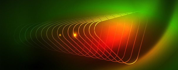 Techno glowing background, futuristic dark template with neon light effects and simple forms, vector