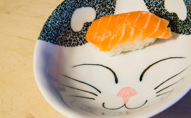 sushi in a cute cat plate closeup view