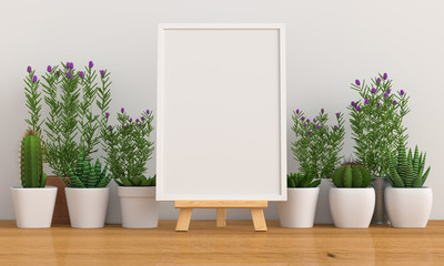 Blank photo frame for mockup with cactus and flower on floor, 3D rendering