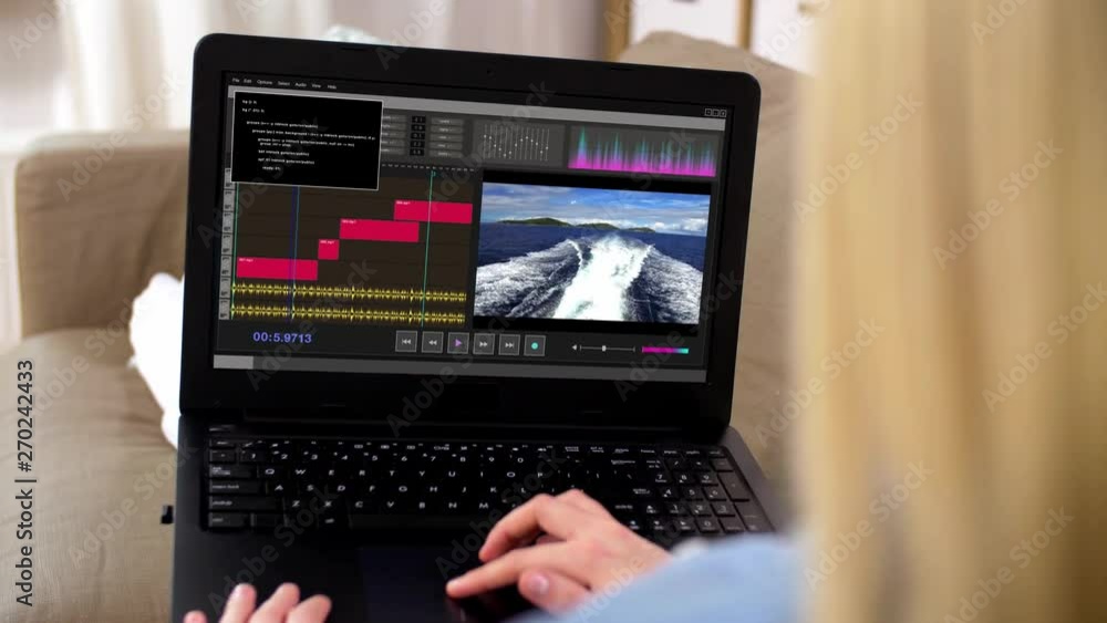 Poster technology, post production and vlog concept - woman working in video editor program on laptop compu