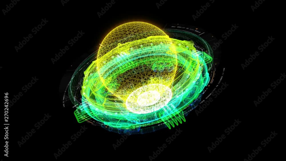 Poster Advance motion graphic futuristic user interface head up display screen with Holographic electromagnetic engine with gravitational fields energy particles wave and digital data telemetry information