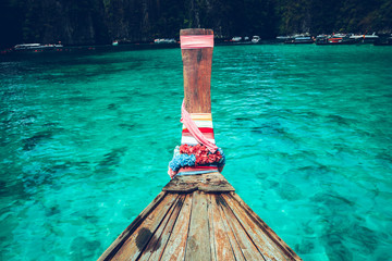 Long-tail boat travel to the island,Phi Phi Island,Blue sea