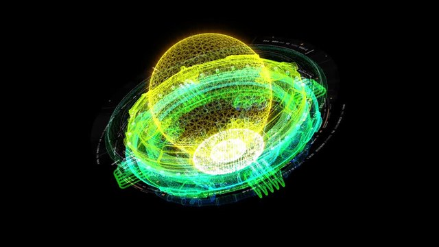 Advance motion graphic futuristic user interface head up display screen with Holographic electromagnetic engine with gravitational fields energy particles wave and digital data telemetry information