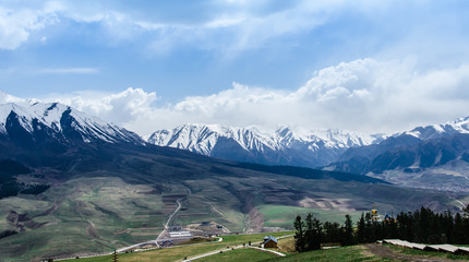 snow mountain and small village landscape view