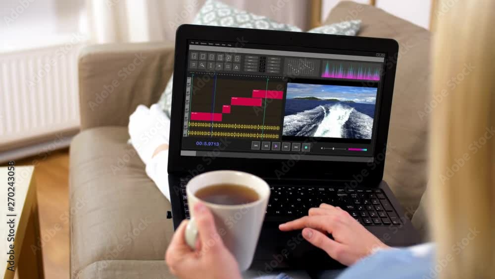 Poster technology, post production and vlog concept - woman working in video editor program on laptop compu