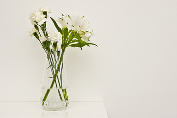 White flowers in glass vase on a shelf