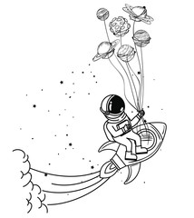 astronaut with spacesuit and rocket in white background