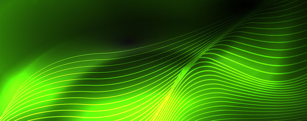 Smoky glowing waves in the dark. Dark abstract background with neon color light and wavy lines. Vector