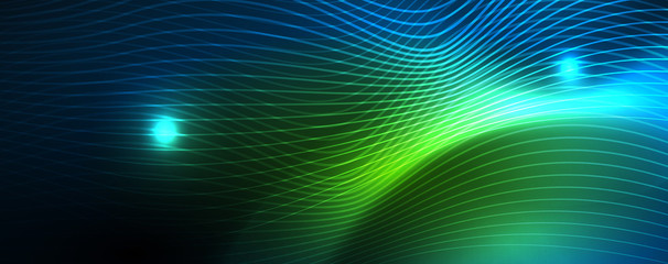 Smooth wave lines on blue neon color light background. Glowing abstract wave on dark, shiny motion, magic space light