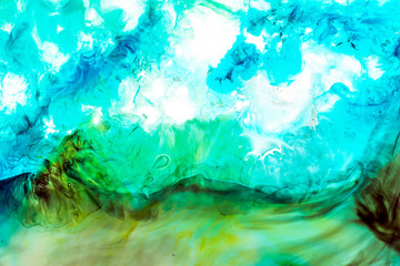 Fototapeta na wymiar Watercolor and acrylic abstract. Colorful background. Mix, splashes and drawings of colors: blue, turquoise, green, yellow, brown, white background