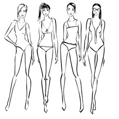 sexy woman in bikini swimsuit. summer beach fashion. Beautiful girls in bathing suits of different types. sketch